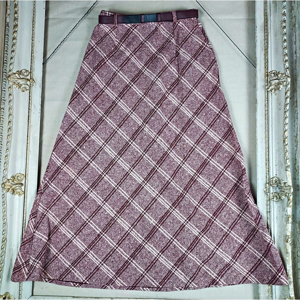 Vintage Russ Togs Plaid Maxi Skirt Burgundy Cream Belted 70s A Line size Med.